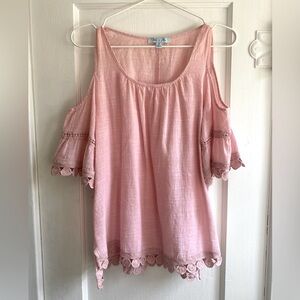 She + Sky Blush Pink Cold Shoulder Blouse with Crochet Trim – Size Small